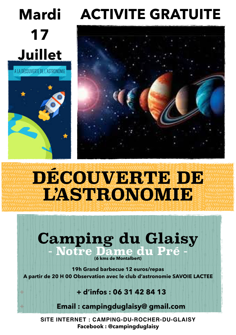 2018 07 17 Affiche decouverte astronomie Camping des Glaisy à Notre Dame du Pré